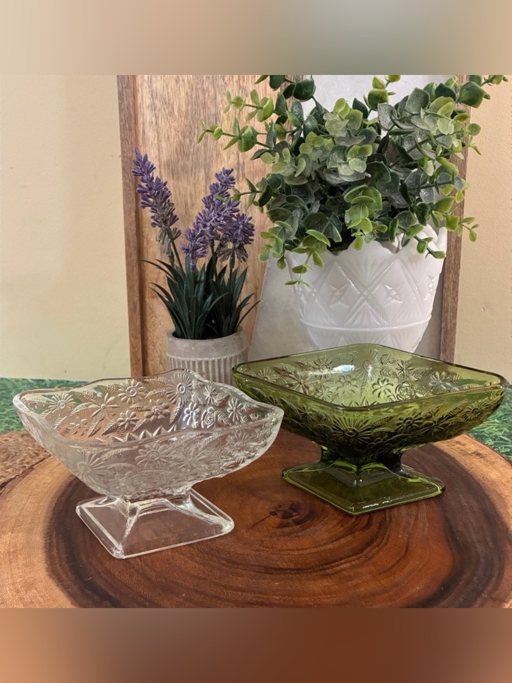 Vintage Indiana Glass Floral Bowls in Green & Clear Diamond Shape